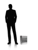 Perspective image showing shadow of man versus small stainless steel time capsule