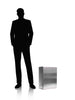Perspective image showing shadow of man versus medium stainless steel time capsule