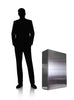 Perspective image showing shadow of man versus large stainless steel  time capsule