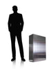 Perspective image showing shadow of man versus large stainless steel time capsule