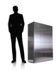 Perspective image showing shadow of man versus extra large stainless steel  time capsule