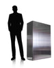 Perspective image showing shadow of man versus extra large stainless steel time capsule
